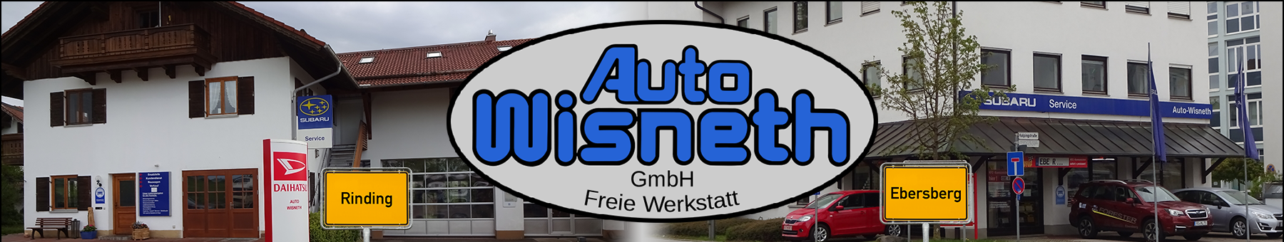 Bildcollage mit Firmensitz, Verkaufsraum und Logo der Auto Wisneth GmbH